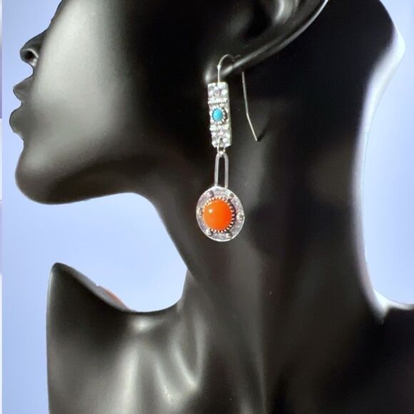 Canyon Echo: Sterling Silver Plated Drop Earrings with Sunset Orange & Turquoise - Picture 1 of 2